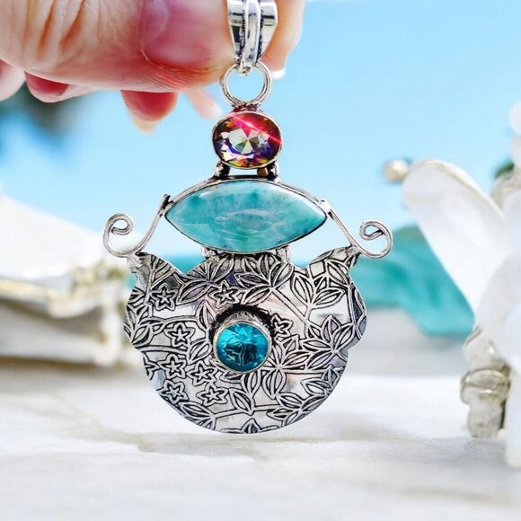 Mystic Fire Topaz, Larimar & Swiss Blue Topaz Forged In Sterling Silver Pendant - Picture 1 of 15